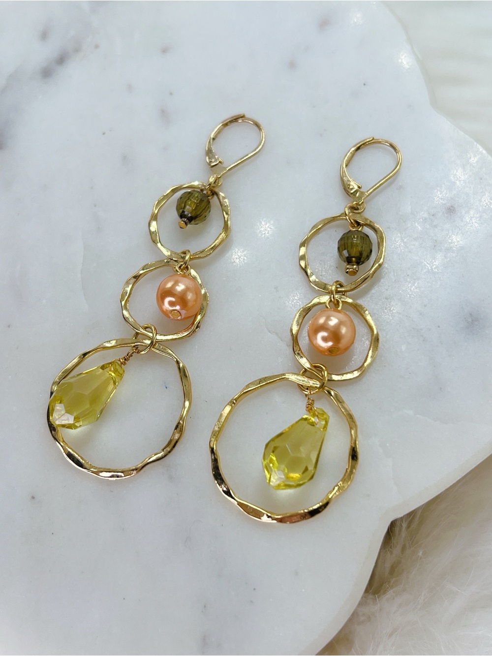 Gold plated tiered round Pearl crystal 3” dangle earrings